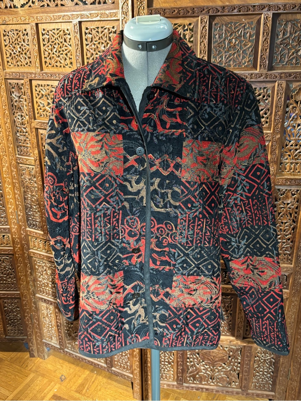 Coldwater Creek Woven Patterned Jacket in Black, Red & Tan